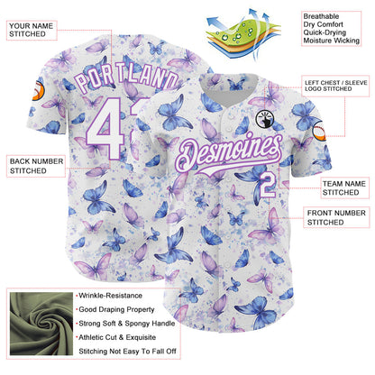 Custom White Medium Purple 3D Pattern Design Animal Butterfly Authentic Baseball Jersey - Sky-Custom