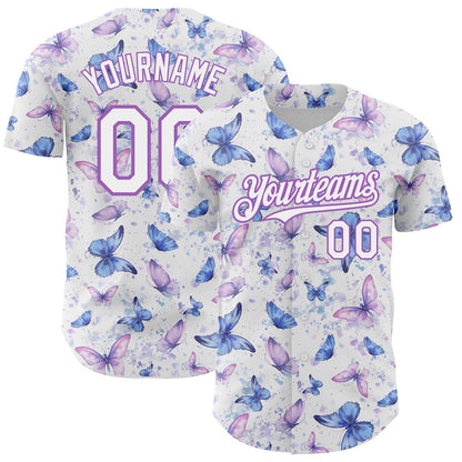 Custom White Medium Purple 3D Pattern Design Animal Butterfly Authentic Baseball Jersey - Sky-Custom