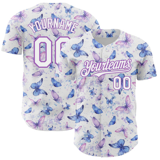 Custom White Medium Purple 3D Pattern Design Animal Butterfly Authentic Baseball Jersey - Sky-Custom