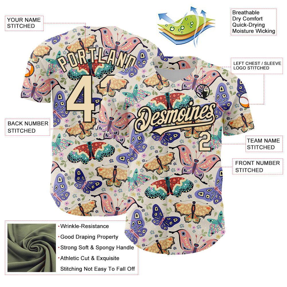 Custom Cream Black 3D Pattern Design Animal Butterfly Authentic Baseball Jersey - Sky-Custom
