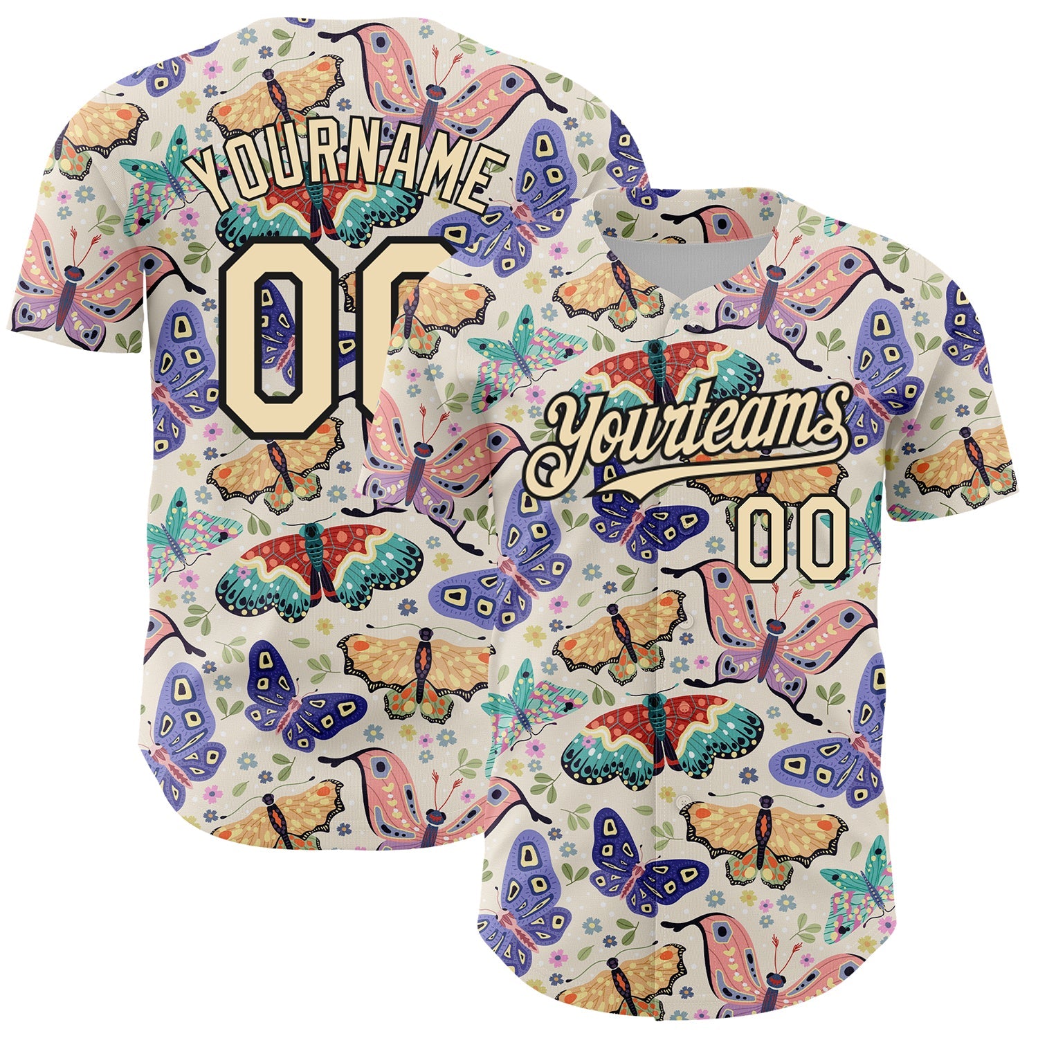 Custom Cream Black 3D Pattern Design Animal Butterfly Authentic Baseball Jersey - Sky-Custom