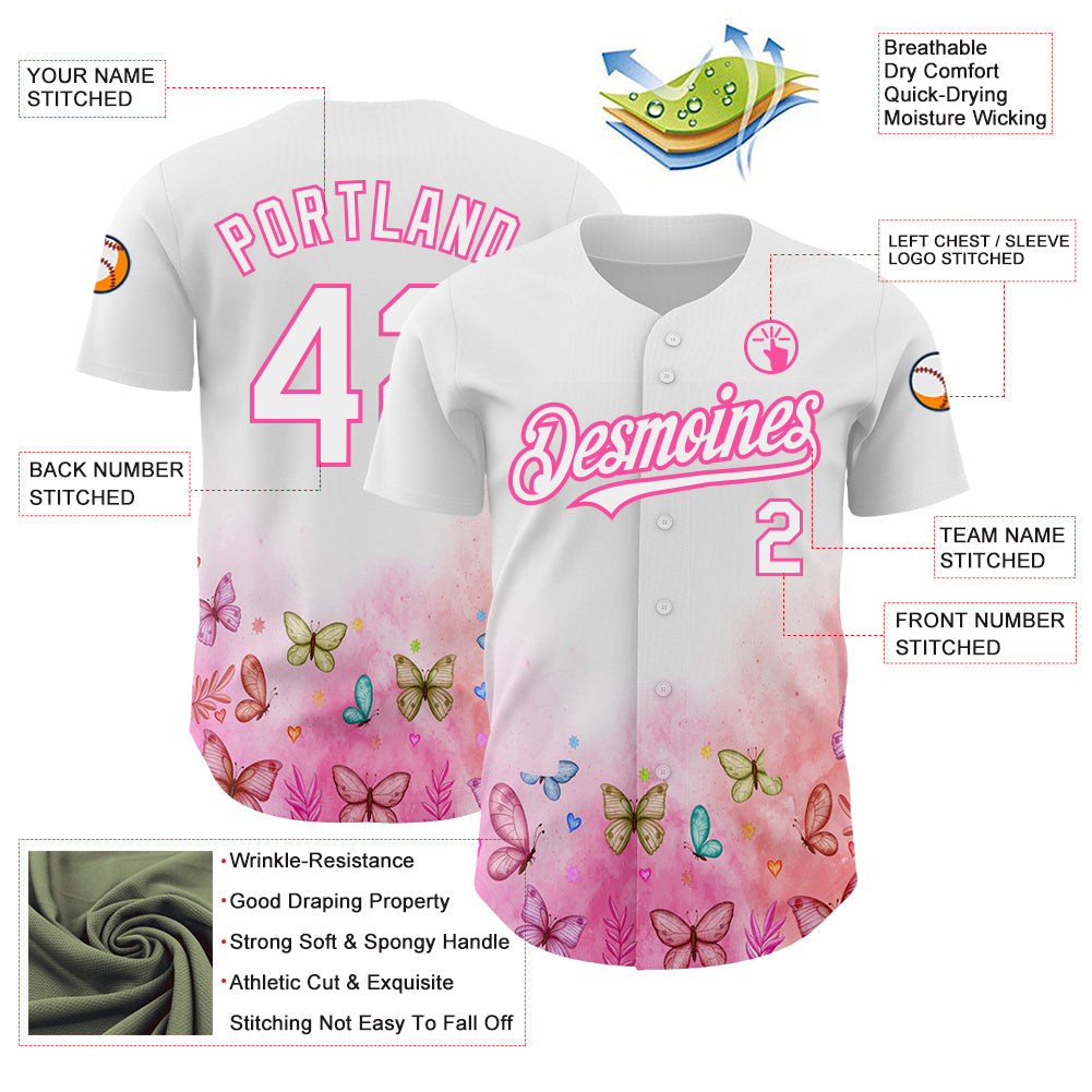 Custom White Pink 3D Pattern Design Animal Butterfly Authentic Baseball Jersey - Sky-Custom