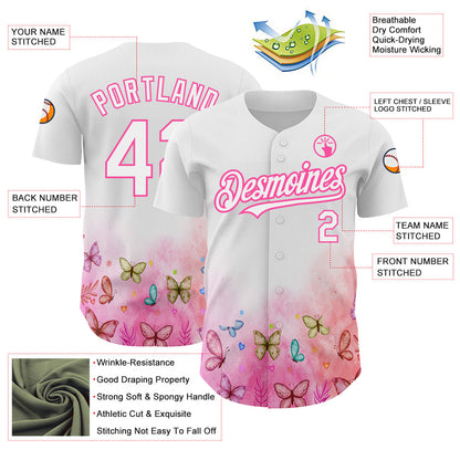 Custom White Pink 3D Pattern Design Animal Butterfly Authentic Baseball Jersey - Sky-Custom