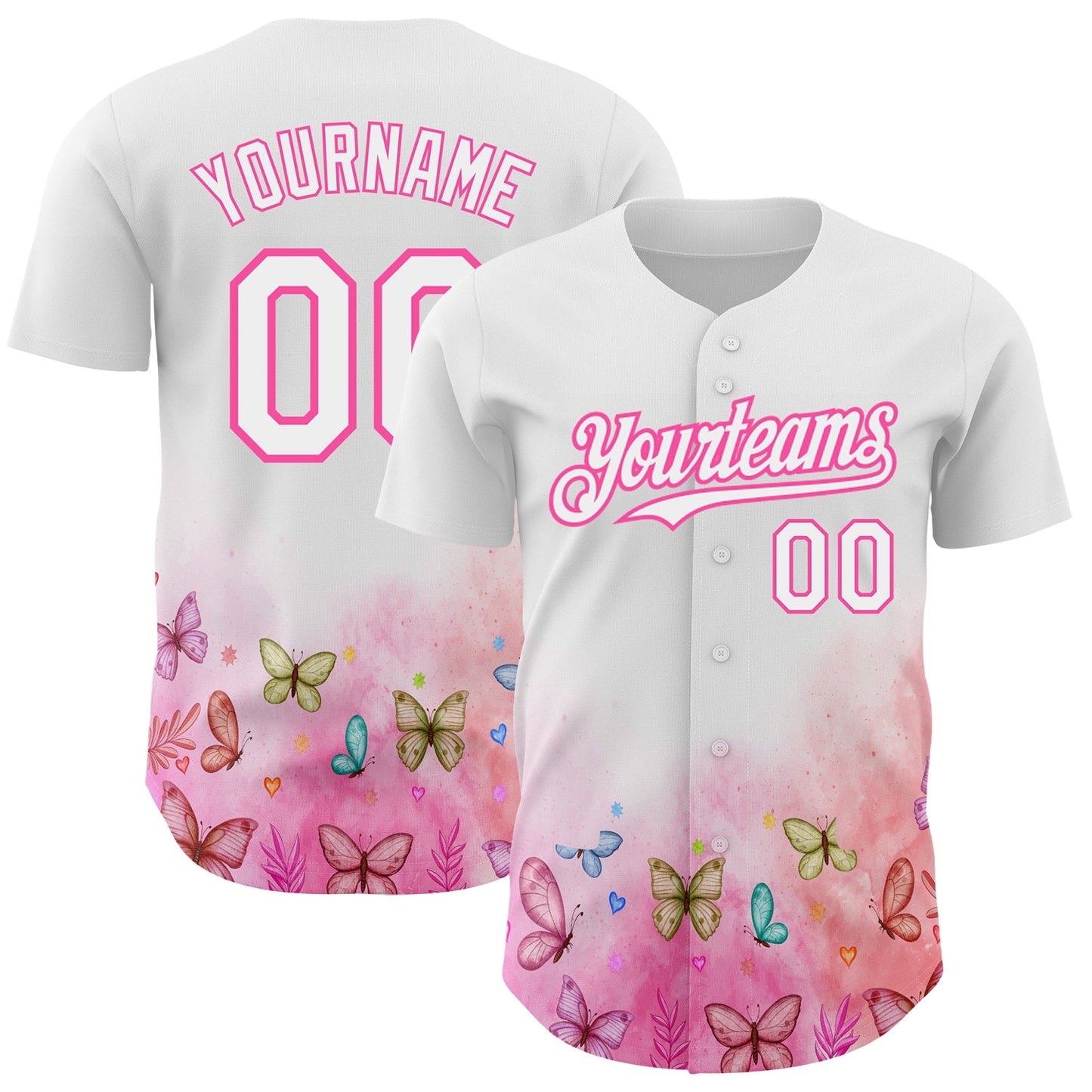 Custom White Pink 3D Pattern Design Animal Butterfly Authentic Baseball Jersey - Sky-Custom