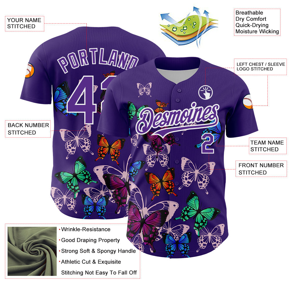 Custom Purple White 3D Pattern Design Animal Butterfly Authentic Baseball Jersey - Sky-Custom