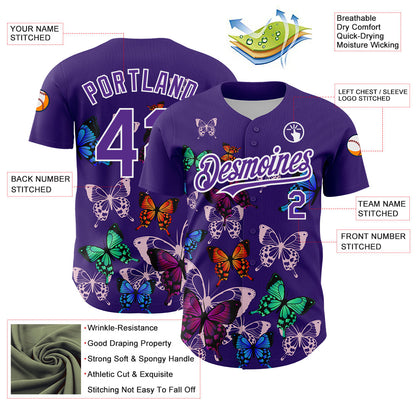 Custom Purple White 3D Pattern Design Animal Butterfly Authentic Baseball Jersey - Sky-Custom