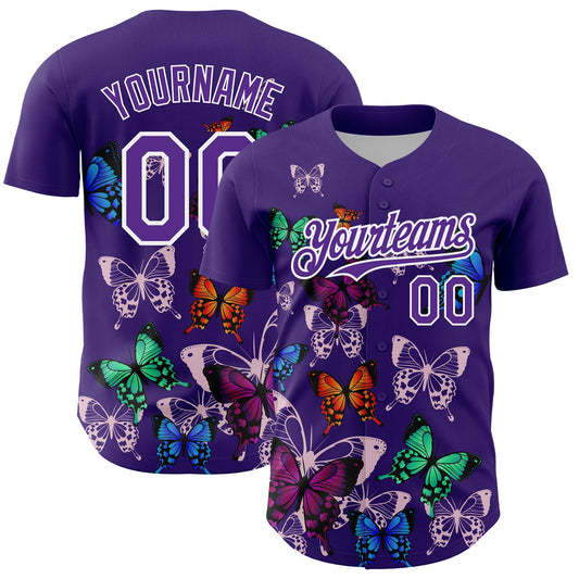 Custom Purple White 3D Pattern Design Animal Butterfly Authentic Baseball Jersey - Sky-Custom