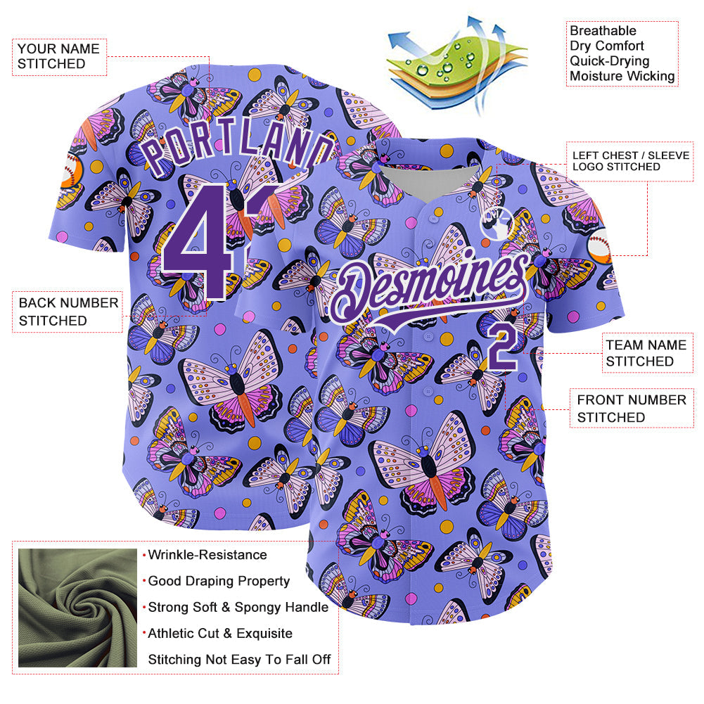 Custom Medium Purple Purple-White 3D Pattern Design Animal Butterfly Authentic Baseball Jersey - Sky-Custom