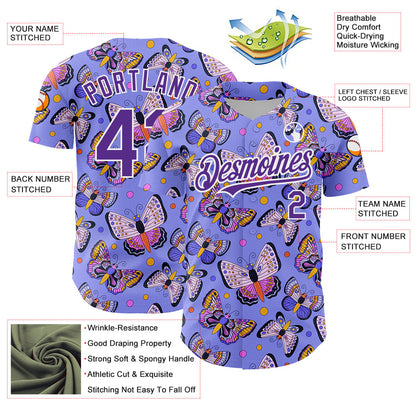 Custom Medium Purple Purple-White 3D Pattern Design Animal Butterfly Authentic Baseball Jersey - Sky-Custom