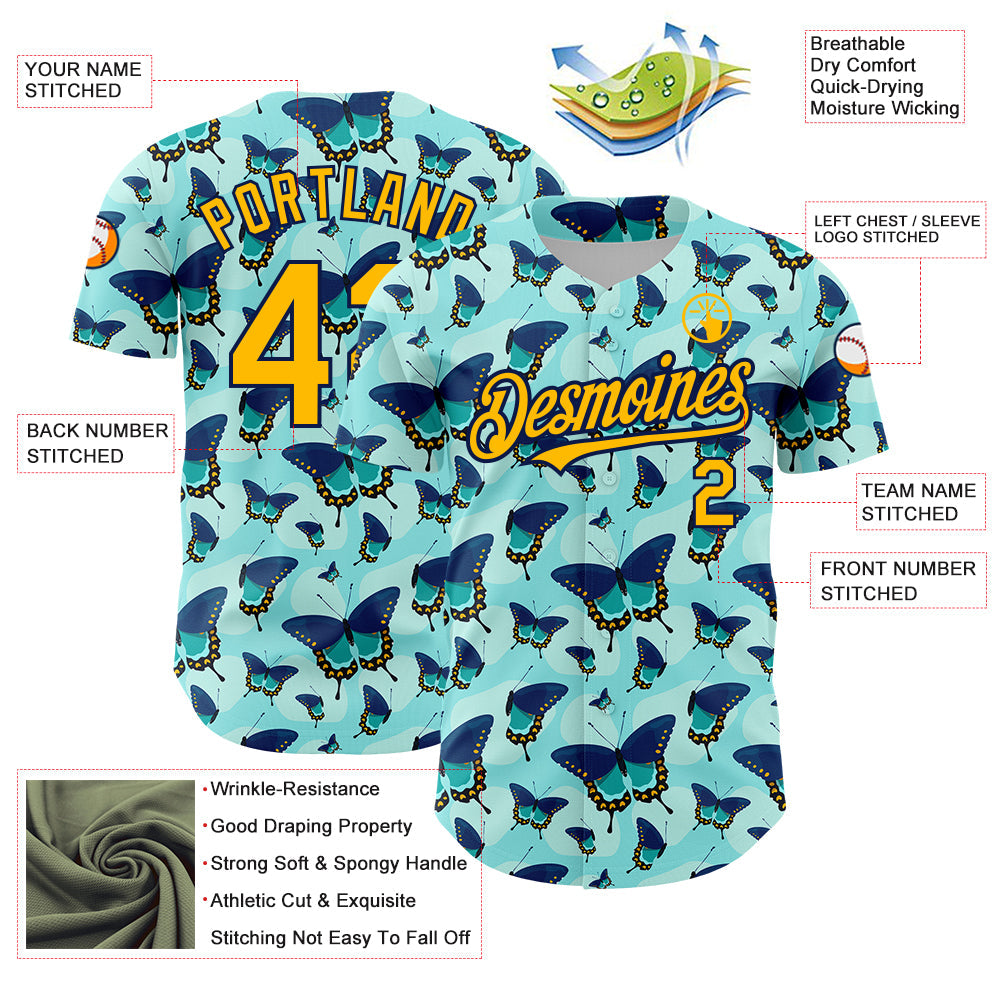 Custom Ice Blue Gold-Navy 3D Pattern Design Animal Butterfly Authentic Baseball Jersey - Sky-Custom