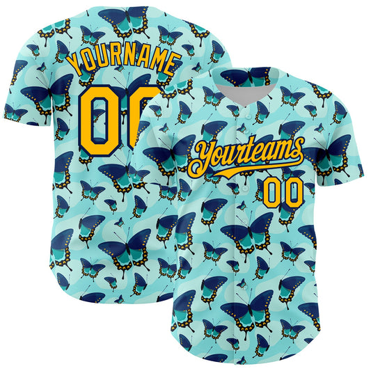 Custom Ice Blue Gold-Navy 3D Pattern Design Animal Butterfly Authentic Baseball Jersey - Sky-Custom