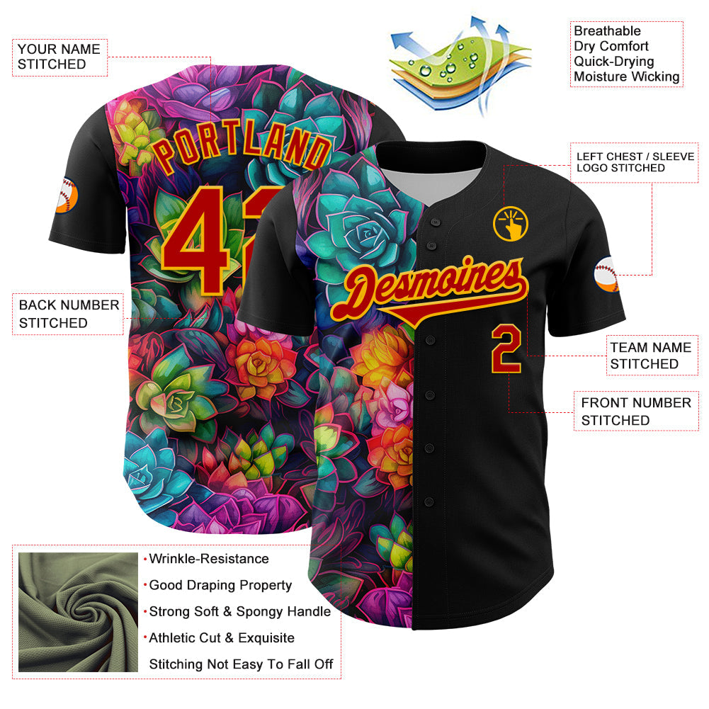 Custom Black Red-Gold 3D Pattern Design Rave Flower Authentic Baseball Jersey - Sky-Custom