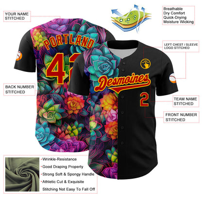 Custom Black Red-Gold 3D Pattern Design Rave Flower Authentic Baseball Jersey - Sky-Custom