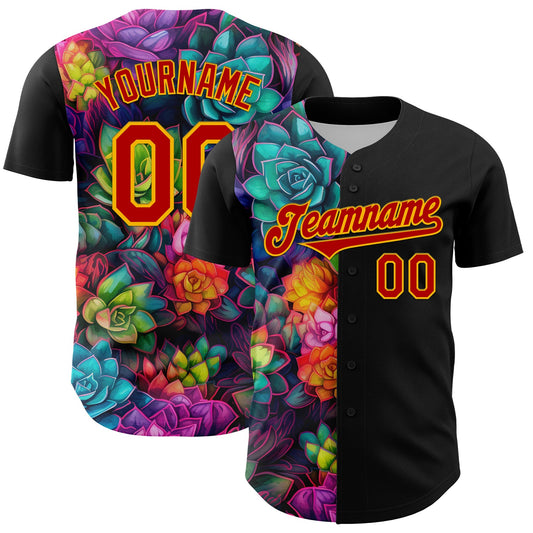 Custom Black Red-Gold 3D Pattern Design Rave Flower Authentic Baseball Jersey - Sky-Custom