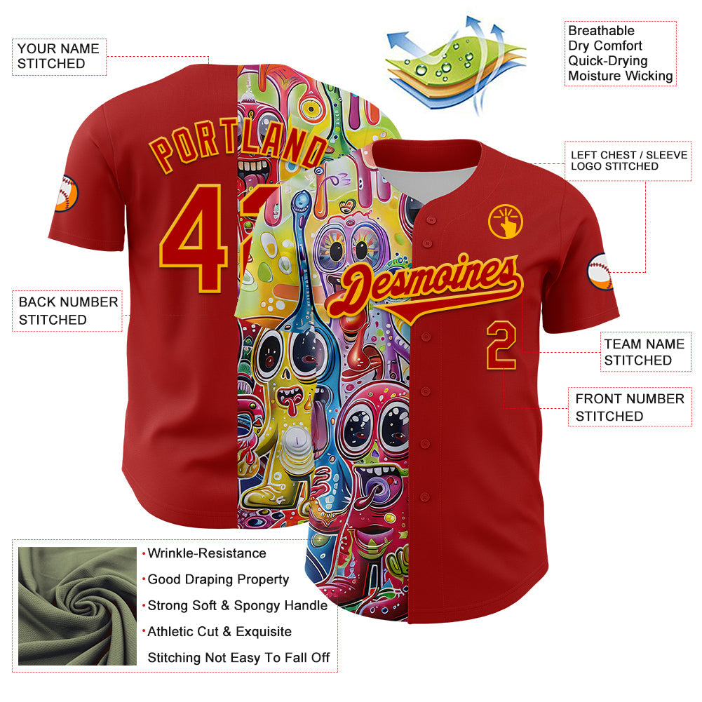 Custom Red Gold 3D Pattern Design Rave Funny Monster Authentic Baseball Jersey - Sky-Custom