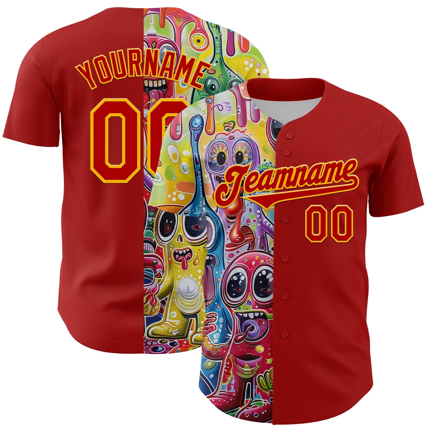 Custom Red Gold 3D Pattern Design Rave Funny Monster Authentic Baseball Jersey - Sky-Custom