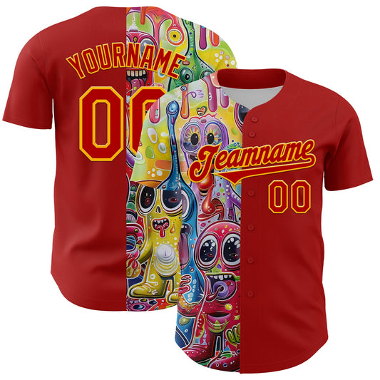 Custom Red Gold 3D Pattern Design Rave Funny Monster Authentic Baseball Jersey - Sky-Custom