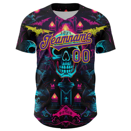 Custom Black Purple-Gold 3D Pattern Design Rave Skull Authentic Baseball Jersey - Sky-Custom