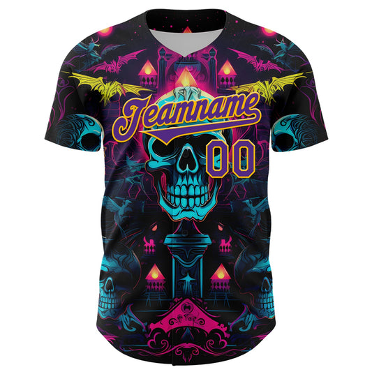 Custom Black Purple-Gold 3D Pattern Design Rave Skull Authentic Baseball Jersey - Sky-Custom