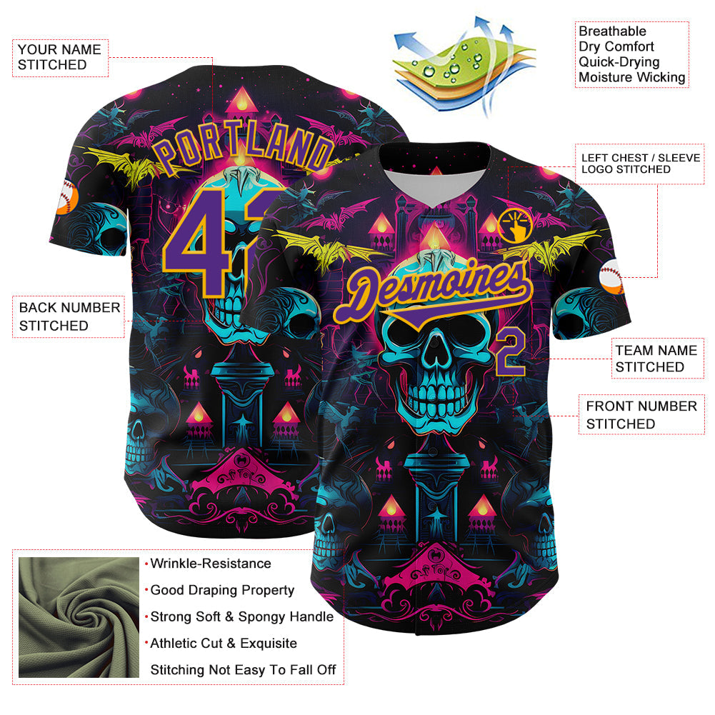 Custom Black Purple-Gold 3D Pattern Design Rave Skull Authentic Baseball Jersey - Sky-Custom