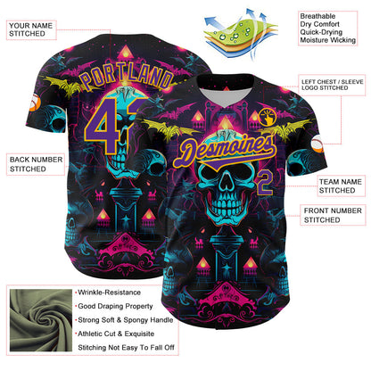 Custom Black Purple-Gold 3D Pattern Design Rave Skull Authentic Baseball Jersey - Sky-Custom