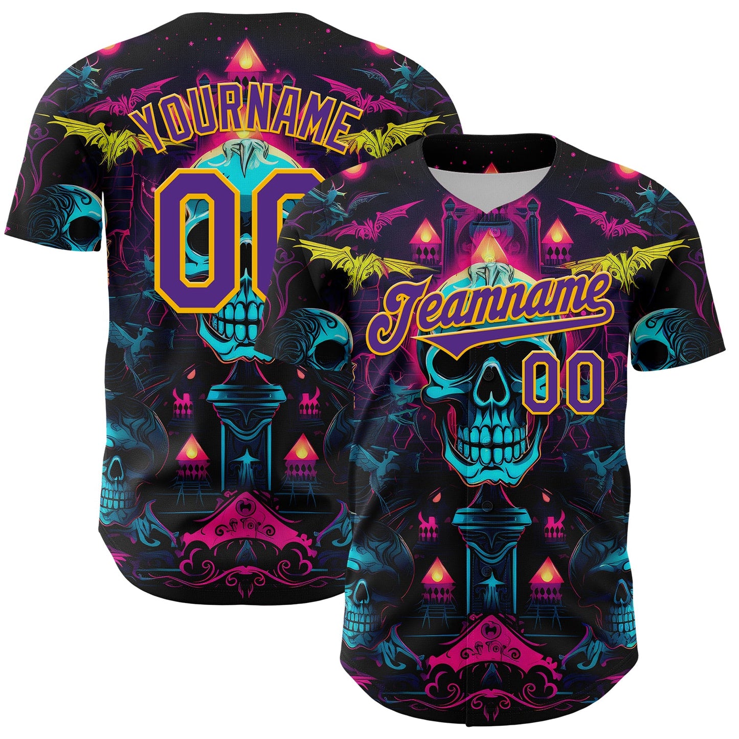 Custom Black Purple-Gold 3D Pattern Design Rave Skull Authentic Baseball Jersey - Sky-Custom