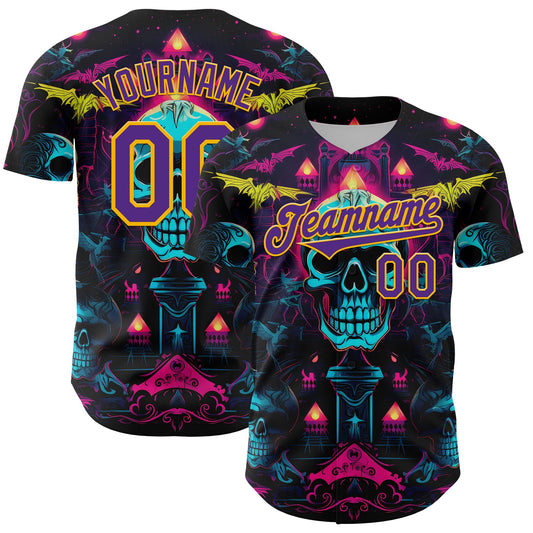 Custom Black Purple-Gold 3D Pattern Design Rave Skull Authentic Baseball Jersey - Sky-Custom