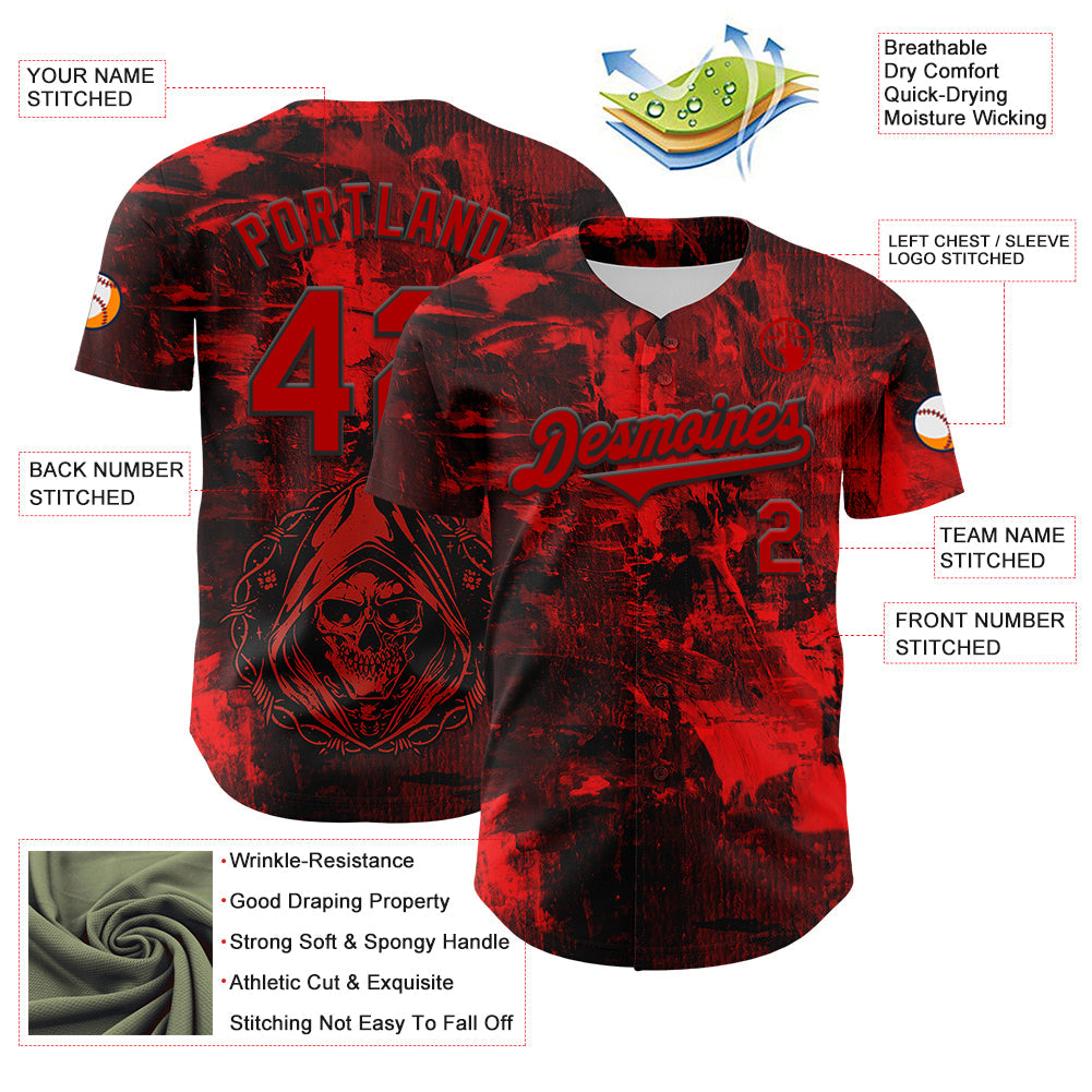 Custom Black Red 3D Pattern Design Rave Skull Authentic Baseball Jersey - Sky-Custom