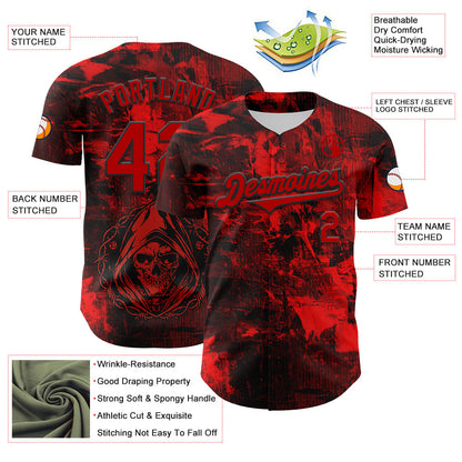 Custom Black Red 3D Pattern Design Rave Skull Authentic Baseball Jersey - Sky-Custom