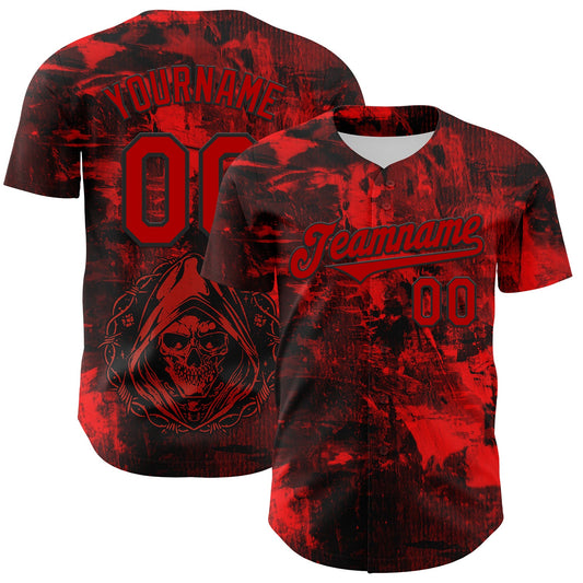 Custom Black Red 3D Pattern Design Rave Skull Authentic Baseball Jersey - Sky-Custom