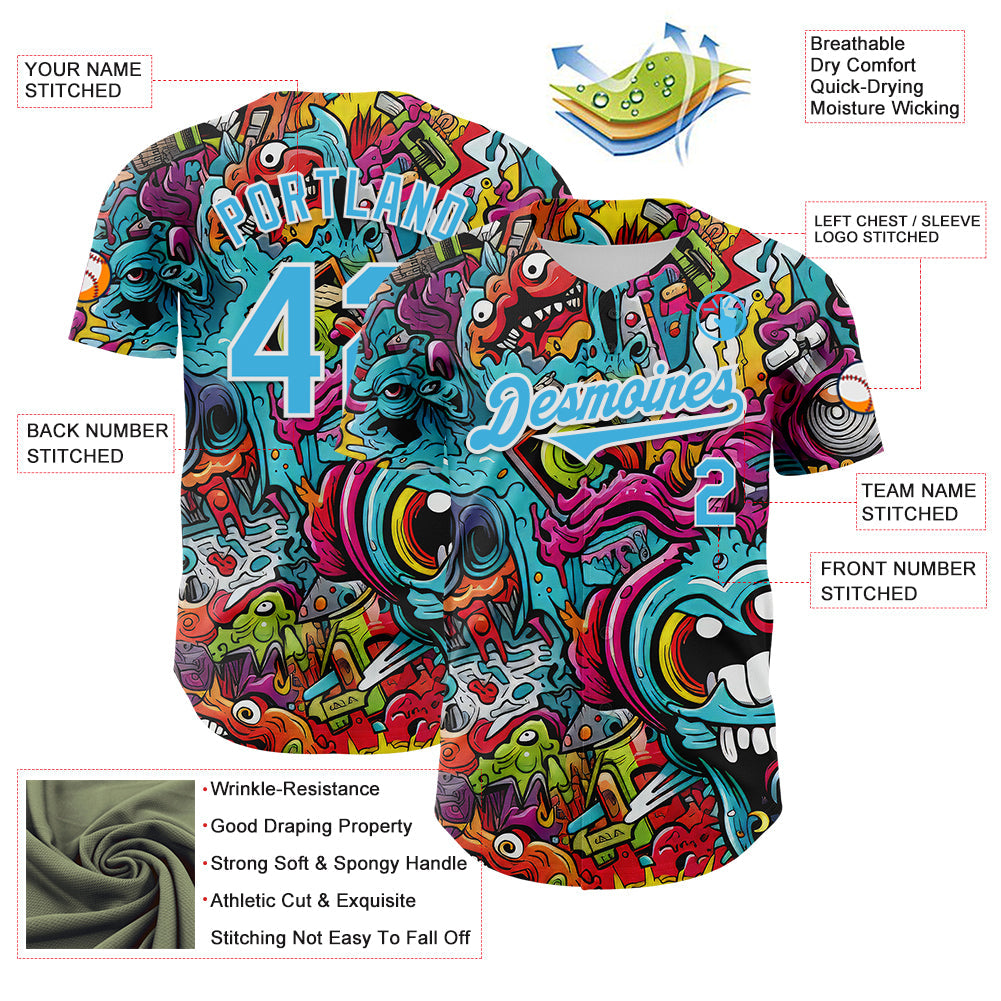 Custom White Sky Blue 3D Pattern Design Rave Psychedelic Authentic Baseball Jersey - Sky-Custom