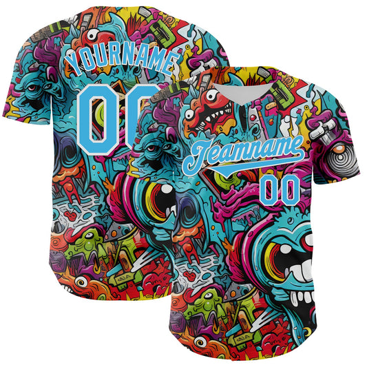 Custom White Sky Blue 3D Pattern Design Rave Psychedelic Authentic Baseball Jersey - Sky-Custom