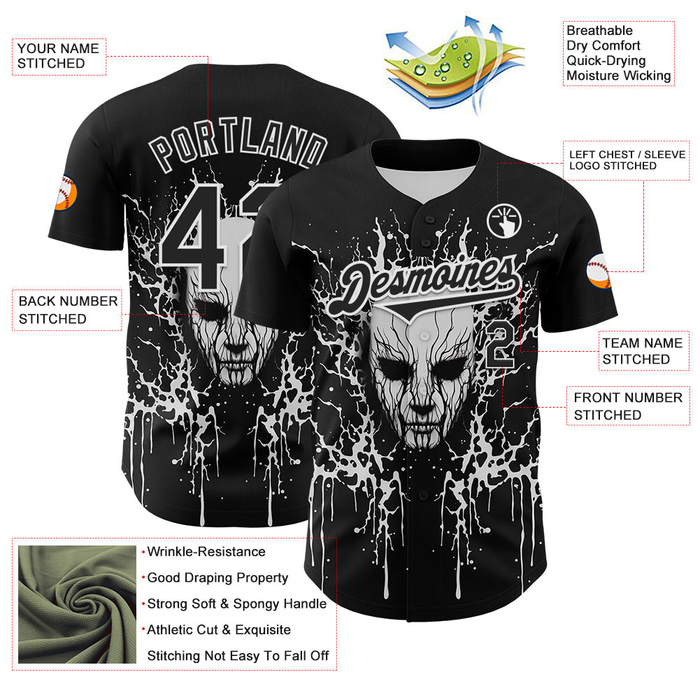 Custom Black White 3D Pattern Design Rave Skull Authentic Baseball Jersey - Sky-Custom