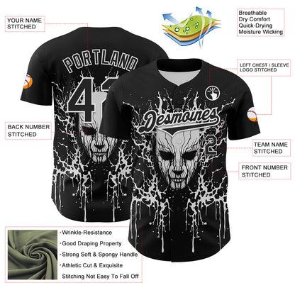 Custom Black White 3D Pattern Design Rave Skull Authentic Baseball Jersey - Sky-Custom