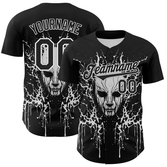 Custom Black White 3D Pattern Design Rave Skull Authentic Baseball Jersey - Sky-Custom