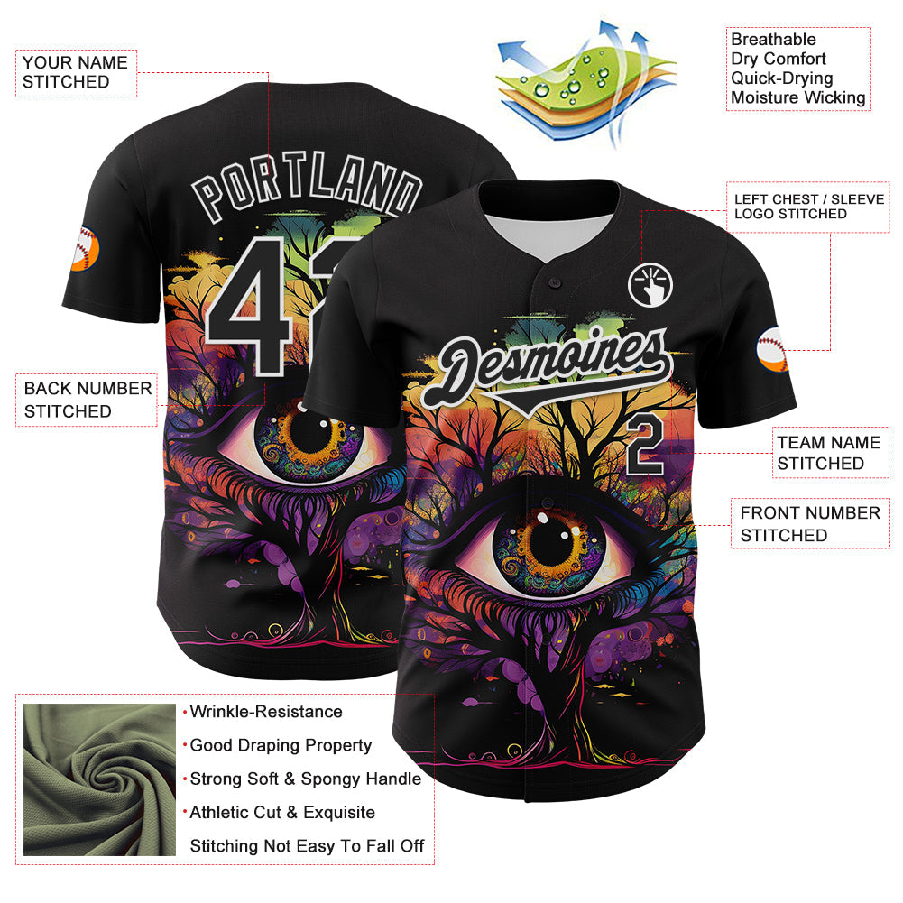 Custom Black White 3D Pattern Design Rave Tree With Eye Authentic Baseball Jersey - Sky-Custom
