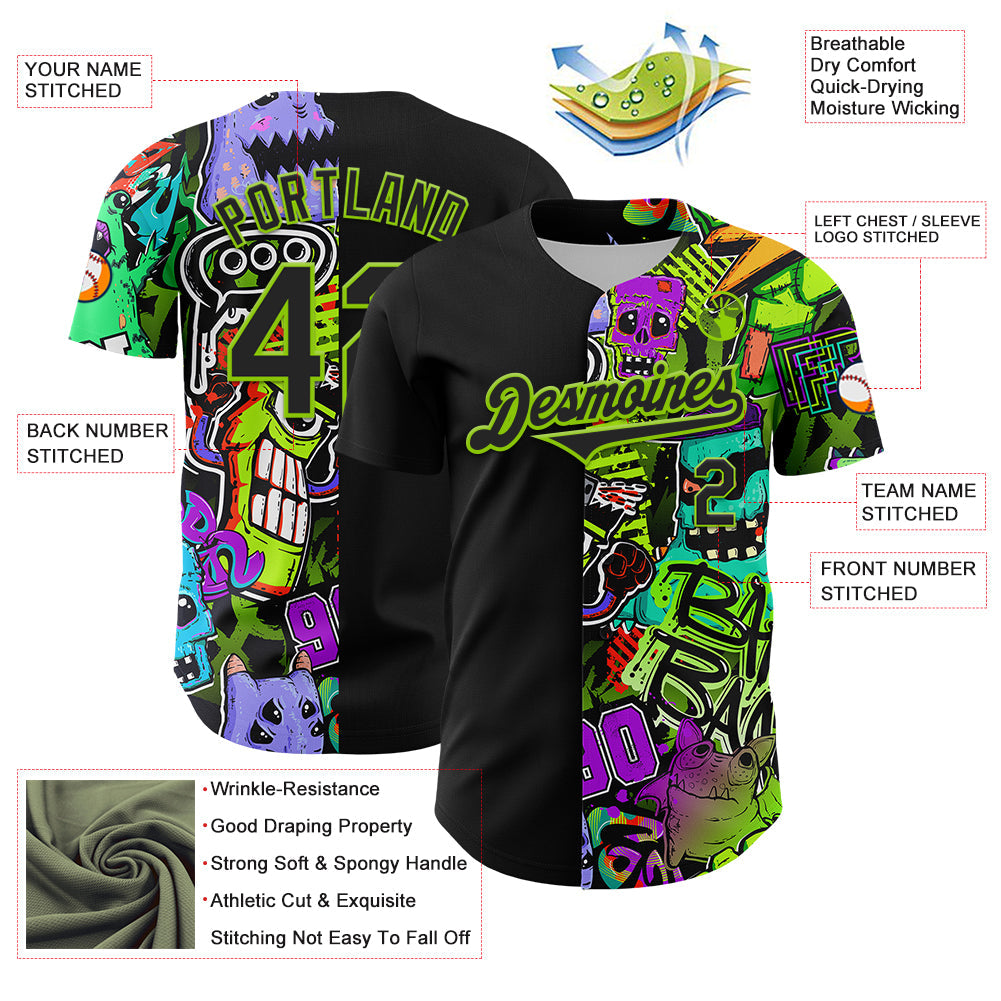 Custom Black Neon Green 3D Pattern Design Rave Monster Authentic Baseball Jersey - Sky-Custom