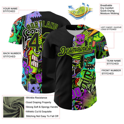 Custom Black Neon Green 3D Pattern Design Rave Monster Authentic Baseball Jersey - Sky-Custom