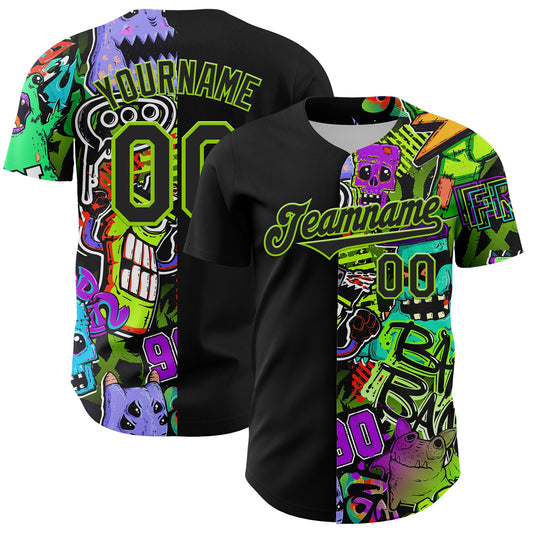 Custom Black Neon Green 3D Pattern Design Rave Monster Authentic Baseball Jersey - Sky-Custom