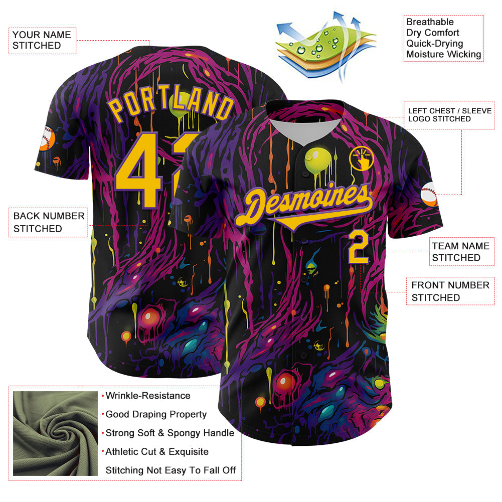 Custom Black Yellow-Purple 3D Pattern Design Rave Tree With Eye Authentic Baseball Jersey - Sky-Custom