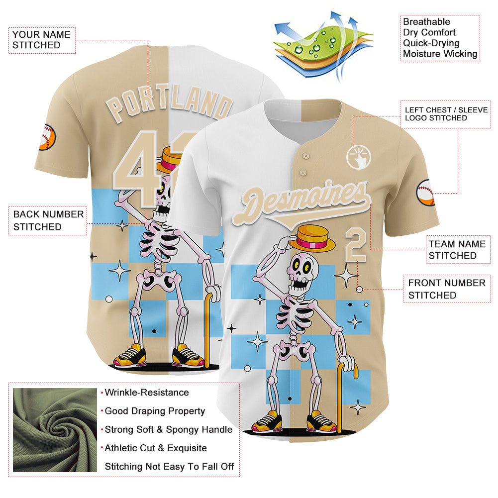 Custom City Cream White 3D Pattern Design Rave Skeleton Authentic Baseball Jersey - Sky-Custom