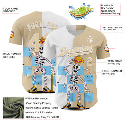 Custom City Cream White 3D Pattern Design Rave Skeleton Authentic Baseball Jersey - Sky-Custom