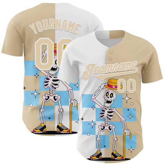 Custom City Cream White 3D Pattern Design Rave Skeleton Authentic Baseball Jersey - Sky-Custom