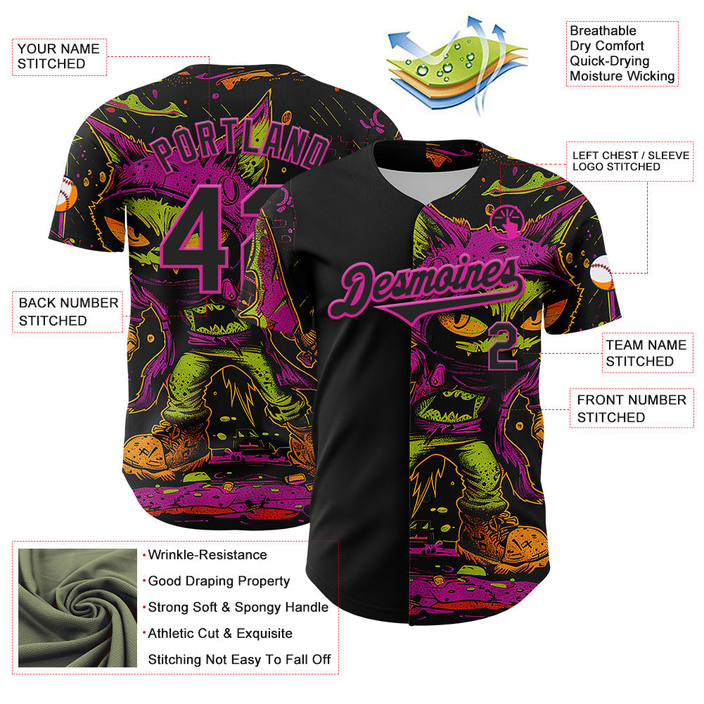 Custom Black Deep Pink 3D Pattern Design Rave Monster Authentic Baseball Jersey - Sky-Custom
