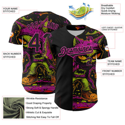 Custom Black Deep Pink 3D Pattern Design Rave Monster Authentic Baseball Jersey - Sky-Custom