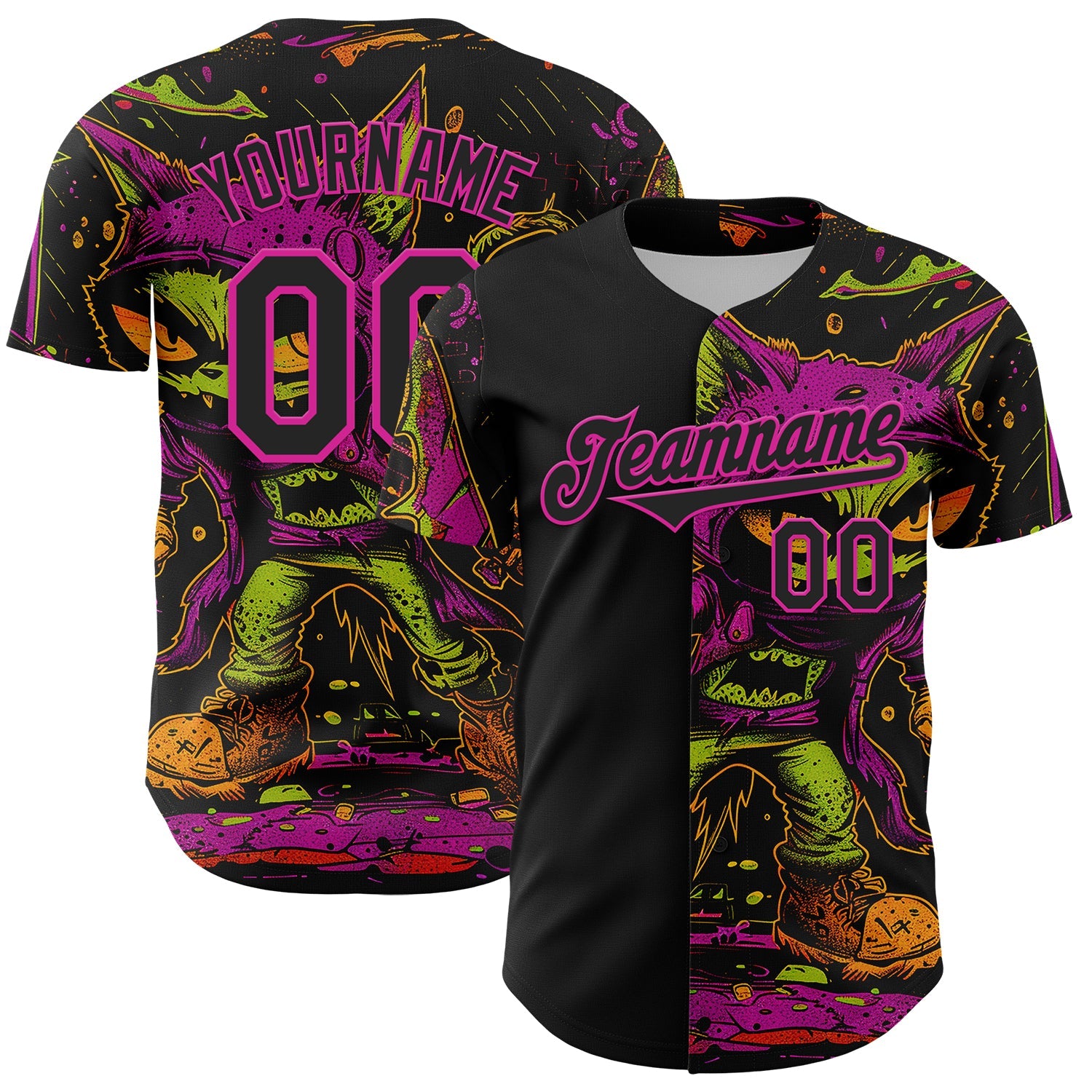 Custom Black Deep Pink 3D Pattern Design Rave Monster Authentic Baseball Jersey - Sky-Custom