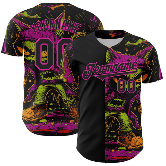 Custom Black Deep Pink 3D Pattern Design Rave Monster Authentic Baseball Jersey - Sky-Custom