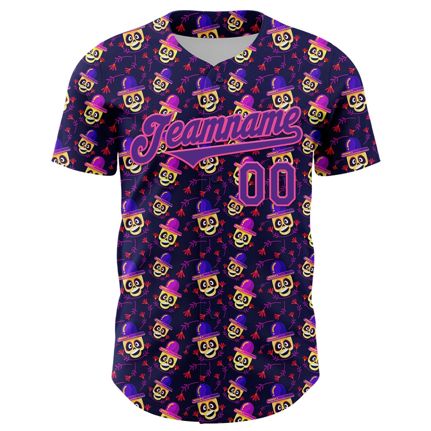 Custom Purple Pink 3D Pattern Design Rave Skull Authentic Baseball Jersey - Sky-Custom