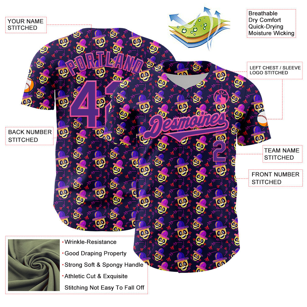 Custom Purple Pink 3D Pattern Design Rave Skull Authentic Baseball Jersey - Sky-Custom