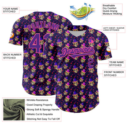 Custom Purple Pink 3D Pattern Design Rave Skull Authentic Baseball Jersey - Sky-Custom
